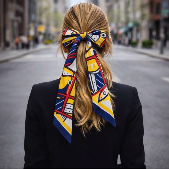 NAVY BLUE GOLD RED WHITE EQUESTRIAN HORSE SKINNY SCARF HANDBAG HANDLE WRAP TIE - Picture 3 of 6